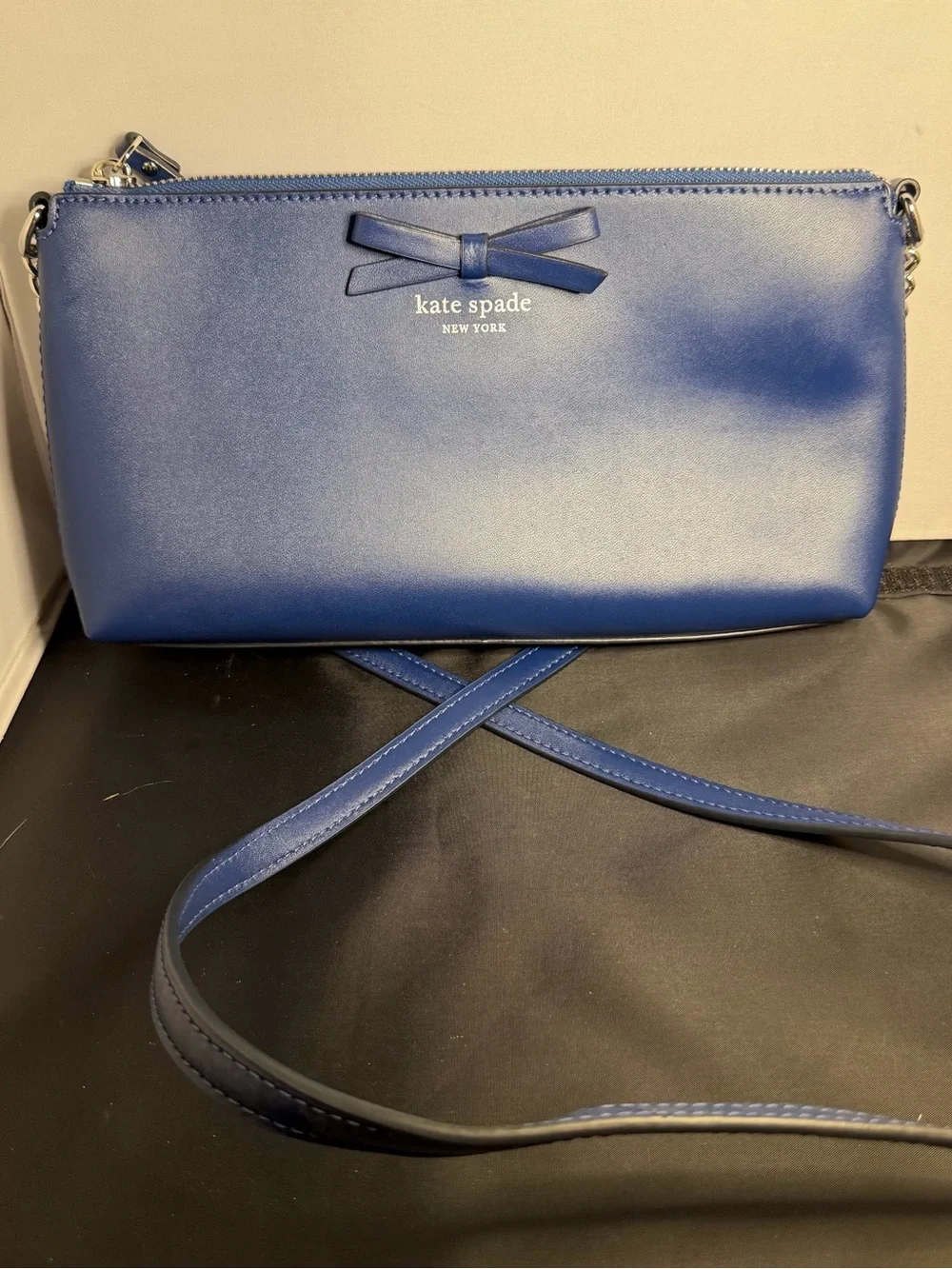 Kate Spade New York Blue Leather Bow Crossbody Shoulder Bag Zip Top Purse